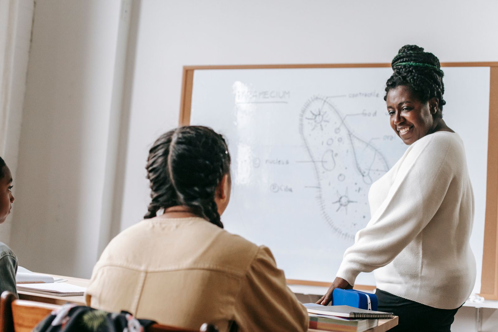 A teacher smiling as she explains a diagram on the whiteboard to her class.